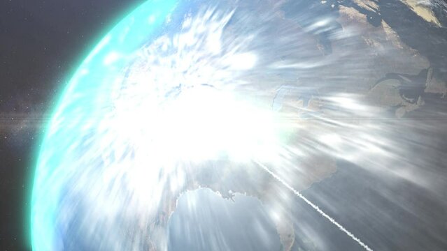 intercontinental Missile with nuclear warhead Hitting USA, Outer space 
Powerfull cinematic view of usa being attacked by nuclear atom bomb,crating massive shockwawe and destruction, 2023

