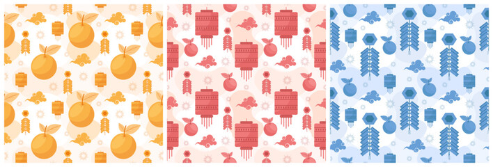 Set of Chinese Lunar New Year 2023 Day Seamless Pattern Decoration Template Hand Drawn Cartoon Flat Illustration