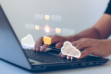 Concept of exchanging information and data with internet cloud technology.FTP(File Transfer Protocol) files receiver. File sharing isometric. Cloud technology and Data storage concept.