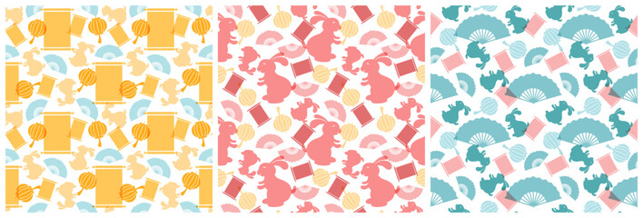 Set of Chinese Lunar New Year 2023 Day Seamless Pattern Decoration Template Hand Drawn Cartoon Flat Illustration