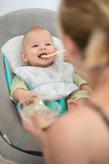 Mother spoon feeding her baby boy child in baby chair with fruit puree. Baby solid food...