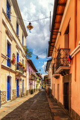 Fototapeta na wymiar Calle La Ronda, typical colonial street in historic district, Quito, Ecuador