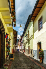 Fototapeta na wymiar Calle La Ronda, typical colonial street in historic district, Quito, Ecuador