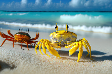 Fototapeta na wymiar Yellow violin crab, comando crab, and fiddler crab up close in this image. Generative AI