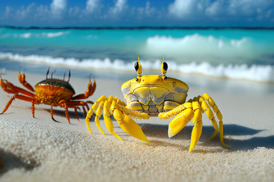 Yellow violin crab, comando crab, and fiddler crab up close in this image. Generative AI