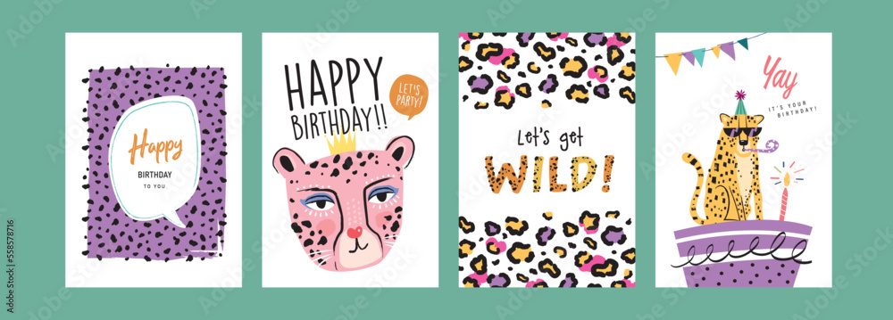 Wall mural set of birthday greeting cards with leopards, cake and leopard's pattern texture. - Wall murals
