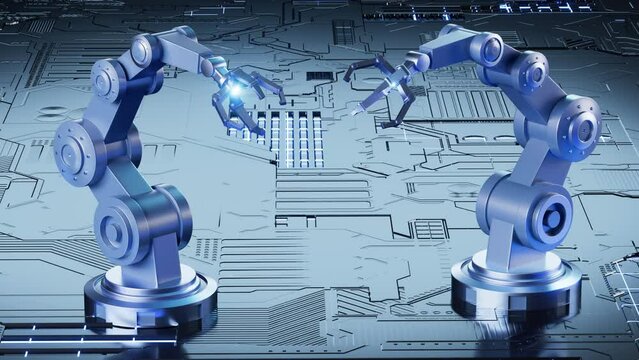 Mechanical arms in the sci-tech background, 3d rendering.