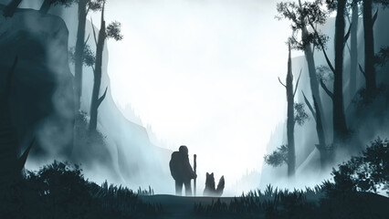 A hiker and a dog in the middle of a snowy valley. Digital art style. illustration painting