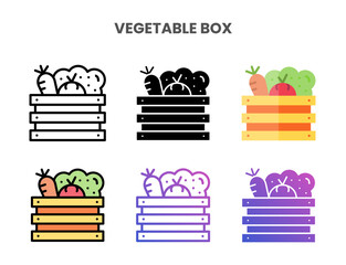 Vegetable Box icons vector illustration set line, flat, glyph, outline color gradient. Great for web, app, presentation and more. Editable stroke and pixel perfect.