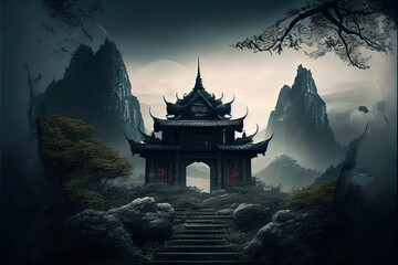Generative AI illustration of Fantasy background with mysterious ancient Chinese temple in mountains. Digital artwork. Chinese style. Gaming and art concept.