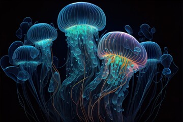 Generative AI illustration of glowing sea jellyfishes on dark background