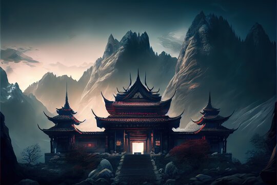 Generative AI illustration of Fantasy background with mysterious ancient Chinese temple in mountains. Digital artwork. Chinese style. Gaming and art concept.