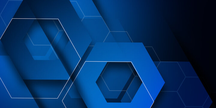 Technology dark blue wide abstract background with hexagonal elements. Abstract hexagon medical navy blue horizontal banner. Innovation medicine, science, technology or high intelligence design