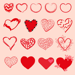Fototapeta na wymiar A set of heart icons, a design for the theme of love, the design of postcards and congratulations on Valentine's Day.