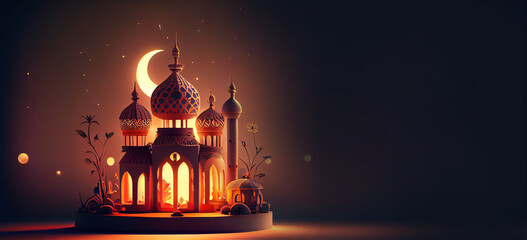 Generative AI illustration of Islamic holiday. Ramadan night. Mosque and lantern displayed on stages with glowing light in the evening. Wallpaper and banner background.