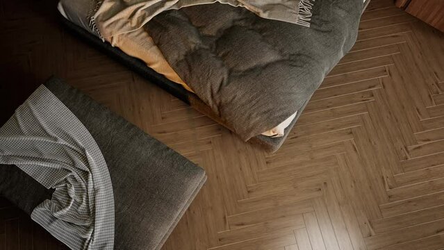 Wooden floor in modern contemporary inteior. Expensive parquet floor in luxury interior. 3d render