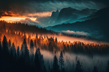 Beautiful picture of high, rocky mountains in the fog and clouds. Generative AI