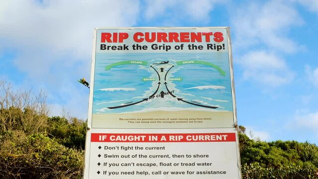 Big board at beach gives advice on how to escape from a rip current