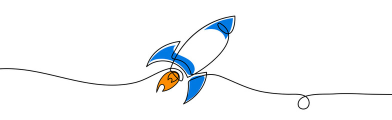 Fototapeta premium Rocket one line. Vector illustration continuous, simple retro spacecraft. Single line draw design vector illustration.