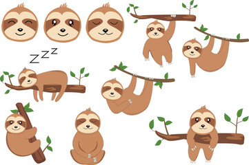 Fototapeta premium Sloth cartoon clipart set vector