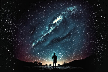 Milky Way galaxy with stars and the figure of a happy guy standing. Generative AI