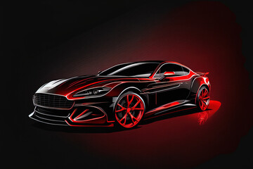 Illustration of a black backdrop with a red sports vehicle. Generative AI