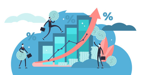 Obraz na płótnie Canvas Financial forecast illustration, transparent background. Flat tiny economical persons concept. Money growth prediction and progress report.