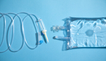  Infusion bag in the blue background. IV drip chamber