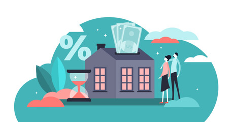 Fototapeta na wymiar Mortgage illustration, transparent background. Flat tiny house purchase debt persons concept. Buy real estate and pay credit to bank. Abstract ownership agreement visualization.