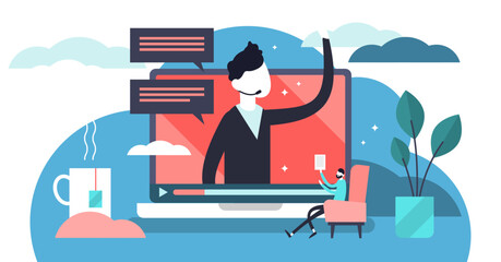 Webinar illustration, transparent background. Flat tiny marketing video tool persons concept. Distance communication business management. Conference strategy to attract client. - obrazy, fototapety, plakaty