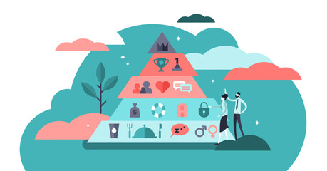 Fototapeta na wymiar Basic needs illustration, transparent background. Flat tiny Maslows hierarchy person concept. Triangle pyramid with physiological, safety.