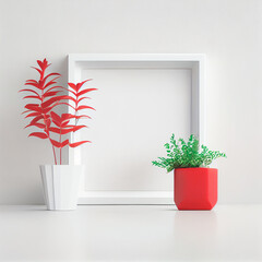 Mockup of empty frame displayed inside room interior with white wall background and red plant pot.