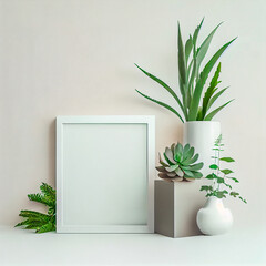 Mockup of empty frame displayed inside room interior with white wall background and plant pot nearby