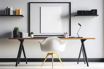 Mockup of empty frame displayed inside room interior with white wall background and plant pot nearby
