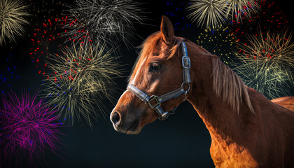 Horse against fireworks background. Celebration concept with stress and fear for the animals. 