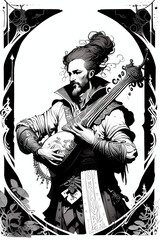 A fantasy board game card/colouring book page: Bard. Medieval musician with a lute. AI-generated - obrazy, fototapety, plakaty