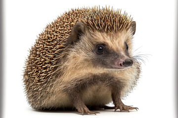 Atelerix albiventris, an adult male four toed hedgehog. sitting cross legged and gazing up with interest. on a white backdrop, alone. Generative AI