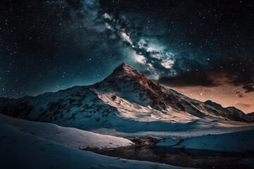 Fototapeta na wymiar With the twilight, a mountain covered in snow. Generative AI