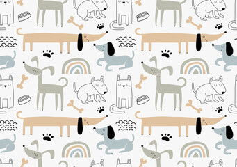 Childish seamless pattern with funny dogs. 