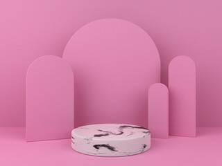 3D marble white podium with pink background. 3D render podium background for product display with marble white podium with concept. Pastel colors scene with geometric shape.