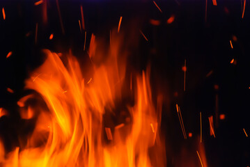 Fototapeta na wymiar Abstract blaze fire flame texture for banner background. Fire sparks particles with flames isolated on black background. Beautiful flames. Fuel, power and energy