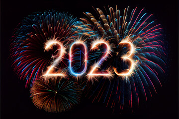 Happy New Year 2023. Beautiful creative holiday background with fireworks