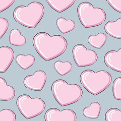 Pink heart seamless romantic pattern on grey art design stock vector illustration for web, for print, for fabric print, for wrapping paper