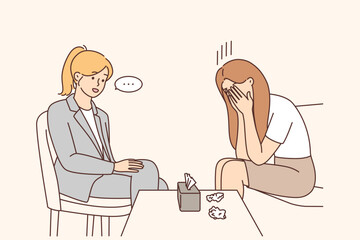 Unhappy woman cry at session with psychologist