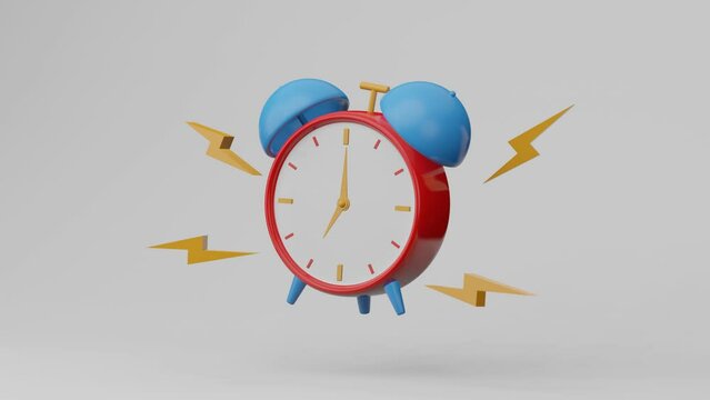3D animation red ringing alarm clock on white background. wake up on time concept. 3d render. 4k resolution