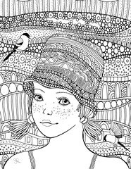 Cute girl in a knitted hat and little bird. Coloring book page for adults. Black and white. Doodle, zentangle style.