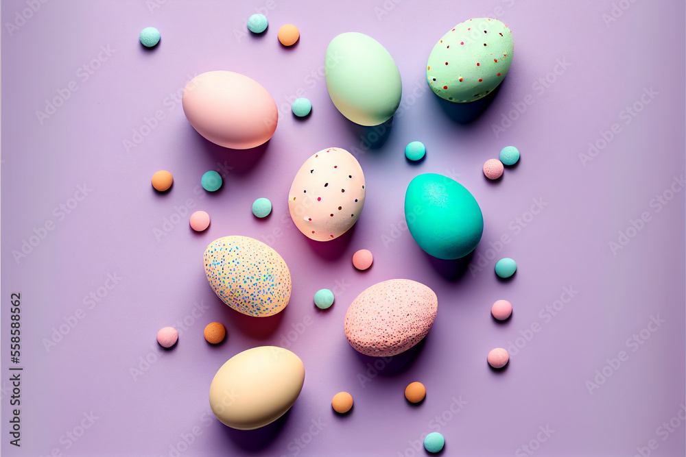 Wall mural Top view of easter egg  multicolored egg on pastel background