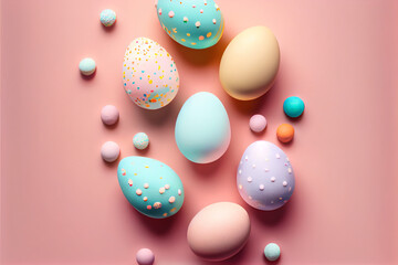 Fototapeta na wymiar Top view of easter egg multicolored egg on pastel background