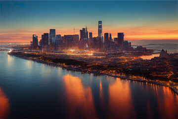 Ai generated illustration of city skyline reflection on the river.Not based on any actual scene/pattern.