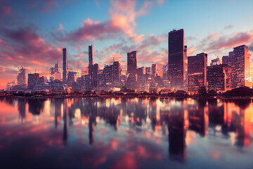 Ai generated illustration of city skyline reflection on the river.Not based on any actual scene/pattern.